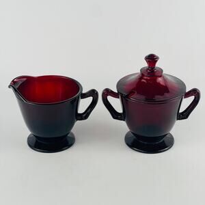 Anchor Hocking Vintage Royal Ruby Red Footed Creamer & Lidded Sugar Bowl